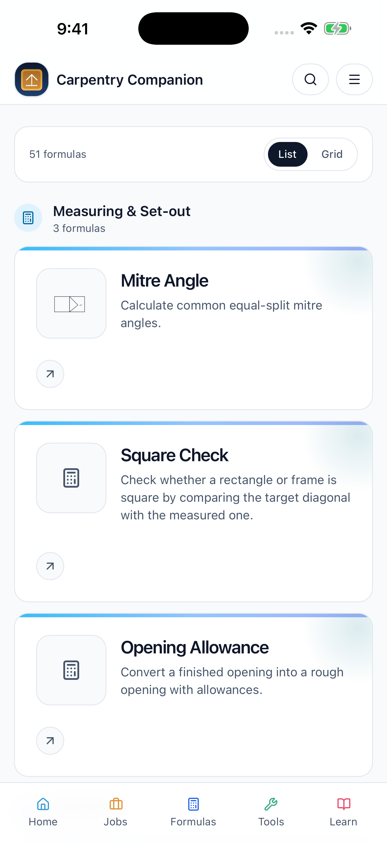 The calculator library, including mitre angles, square checks and opening allowances
