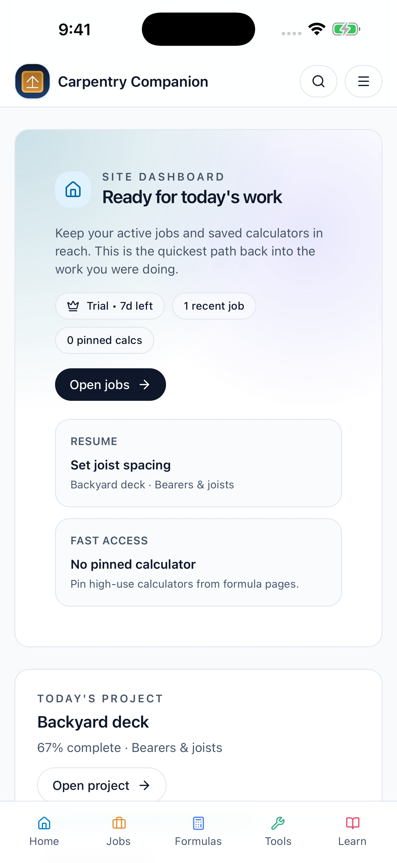 Carpentry Companion dashboard with shortcuts and an active sample job