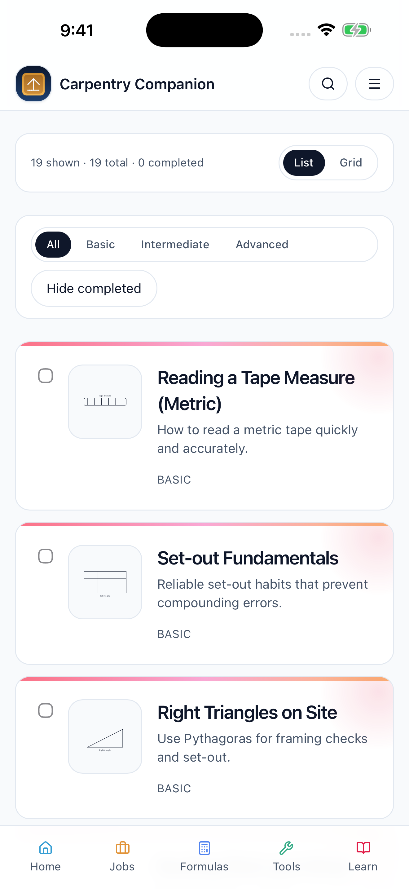 The lesson library with practical carpentry topics