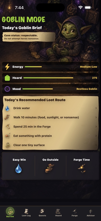 Goblin Mode Burrow home screen showing daily brief, meters, route, quick actions, and bottom navigation