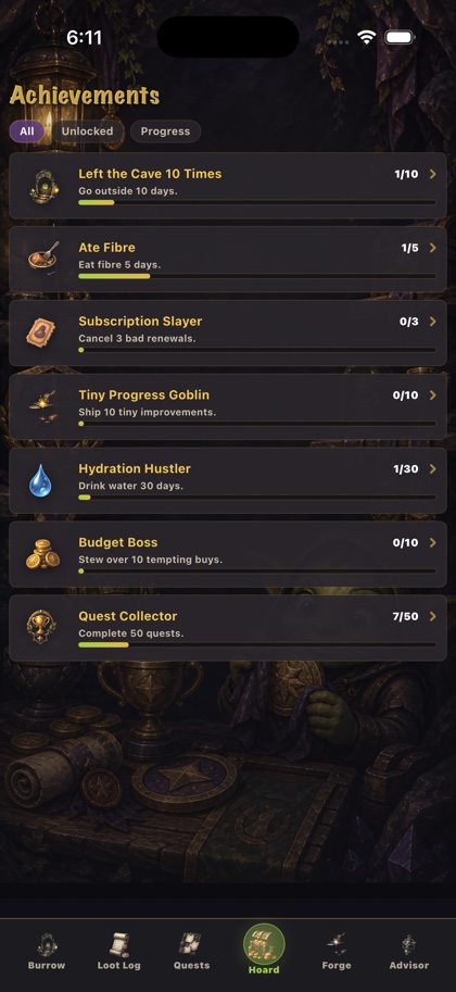 Achievements and titles screen