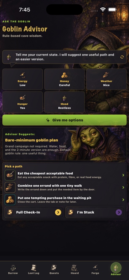 Goblin Advisor screen