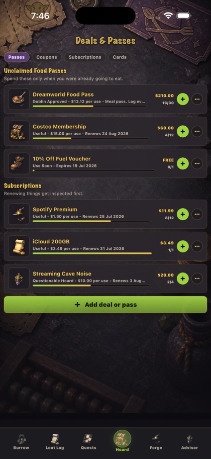Deals and Passes screen