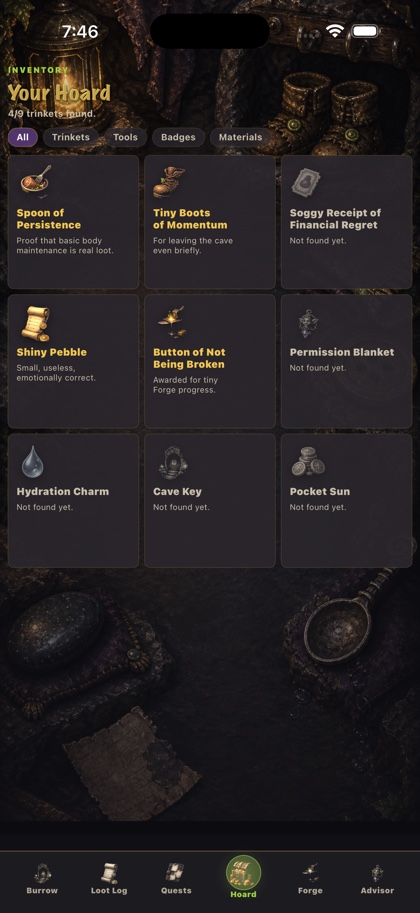 Inventory and trinkets screen