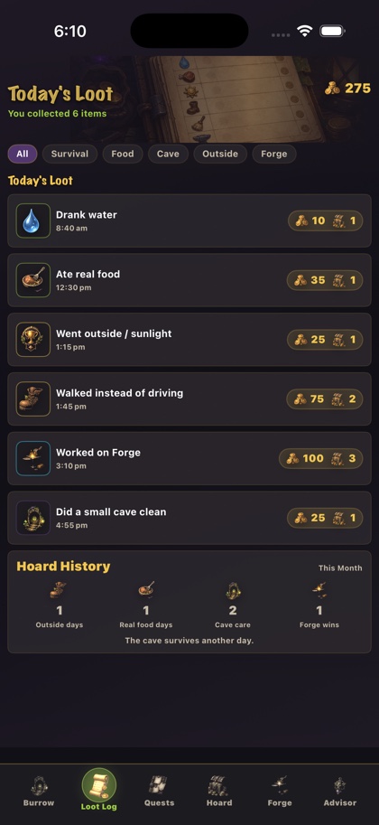 Loot Log screen