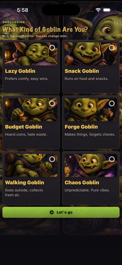 Choose Goblin Type onboarding screen