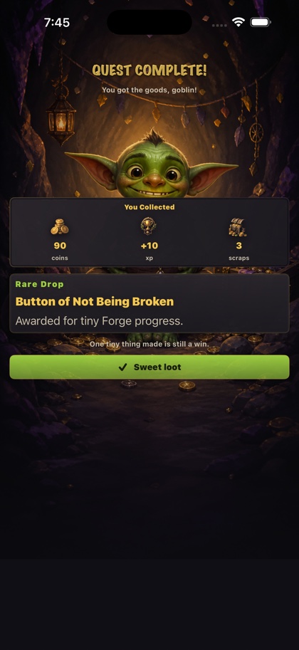 Quest Complete and Loot Drop screen