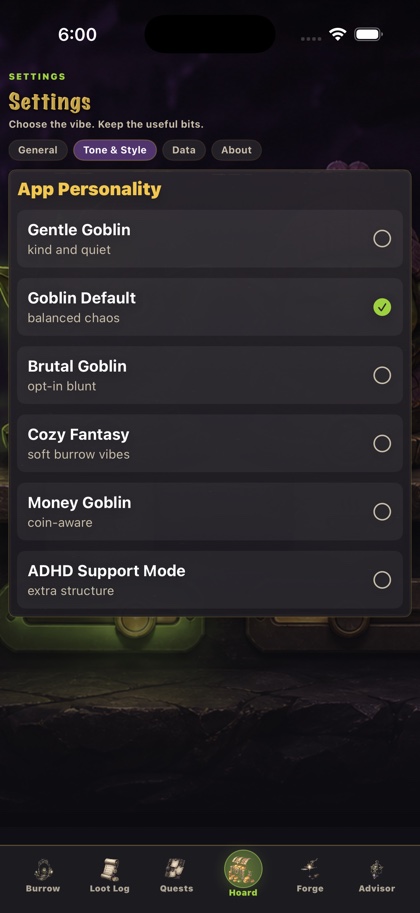 Settings and tone controls screen